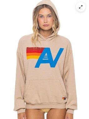 Aviator Nation Beige Hoodie with Blue AV and Rainbow Stripe